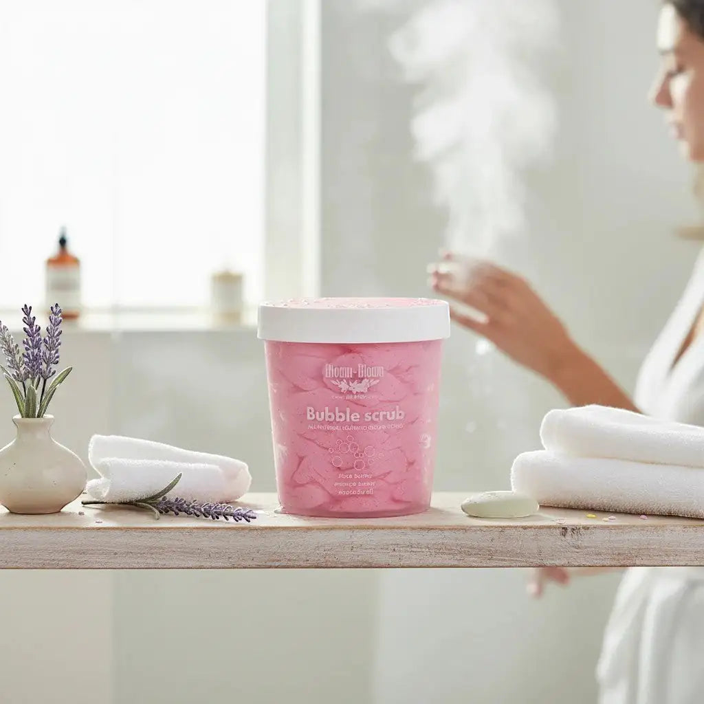 Bloom-Bloom Luxury Bath & Body treats Bubble Scrub Lollipop 2-in-1 Foaming Scrub with Mango Butter, pink.