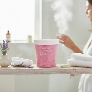 Bloom-Bloom Luxury Bath & Body treats Bubble Scrub Lollipop 2-in-1 Foaming Scrub with Mango Butter, pink.