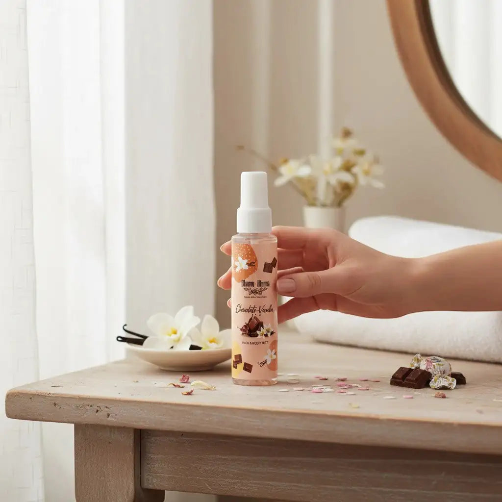 Bloom-Bloom Luxury Bath & Body treats Chocolate Vanilla Hair & Body Mist with Panthenol & Aloe Vera, 100ml bottle held by hand.