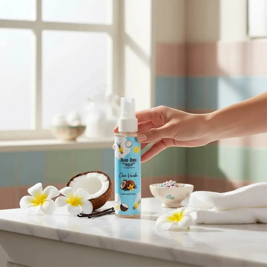 Bloom-Bloom Luxury Bath & Body treats Coco-Vanilla Hair & Body Mist with Panthenol & Aloe Vera, 100ml bottle with tropical coconut and vanilla scent.