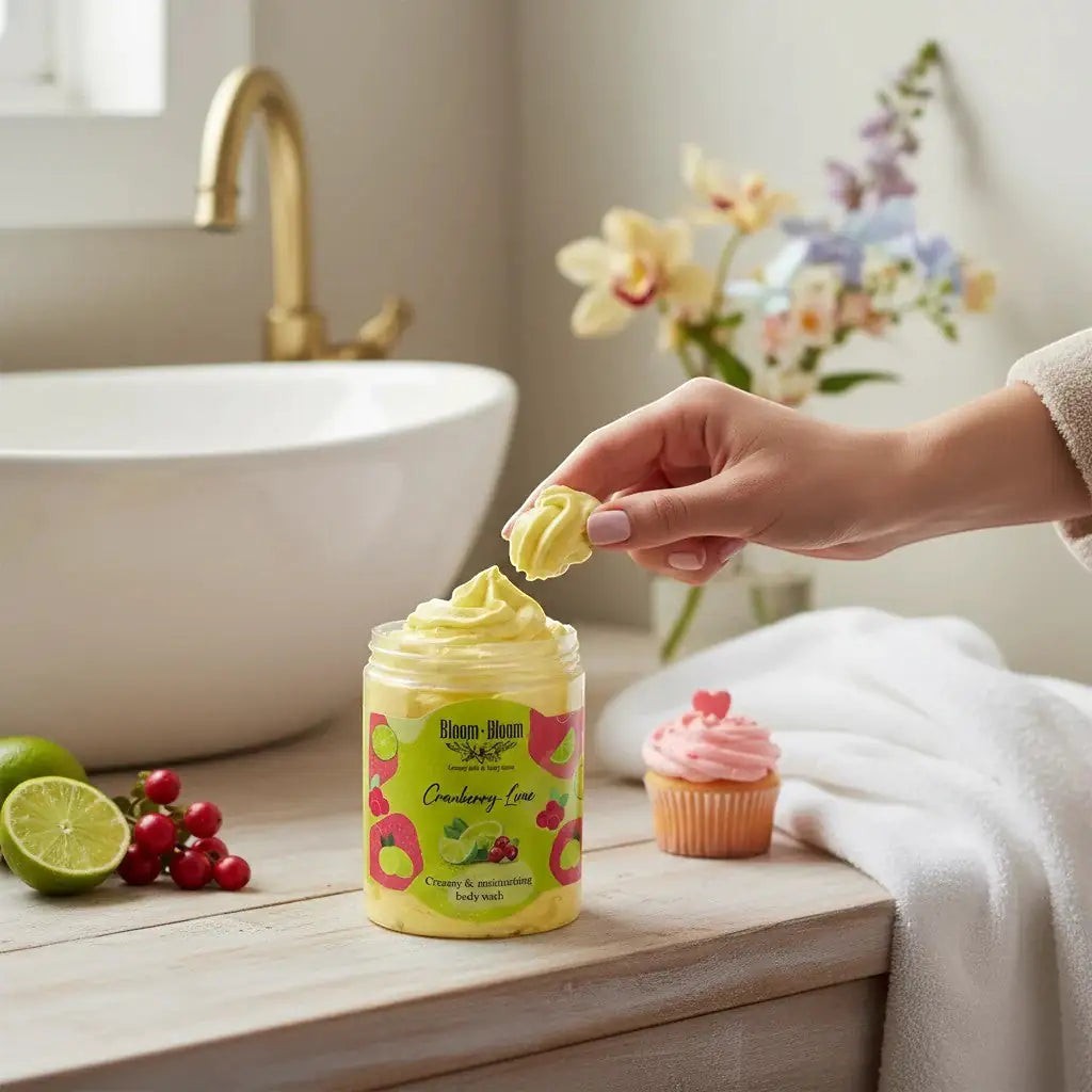 Bloom-Bloom Luxury Bath & Body treats Cranberry-Lime creamy body wash with shea butter, light yellow texture, in a clear jar.