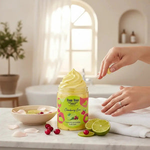 Bloom-Bloom Luxury Bath & Body treats Cranberry-Lime creamy body wash with shea butter, yellow whipped texture.