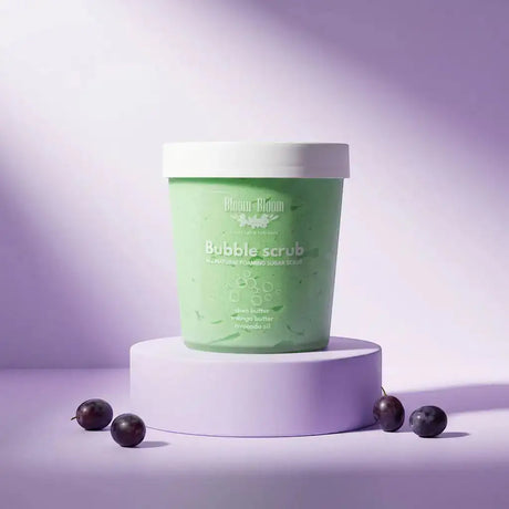 Bloom-Bloom Luxury Bath & Body treats green grape bubble scrub with shea butter, mango butter, and avocado oil.