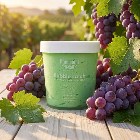 Bloom-Bloom Luxury Bath & Body treats green grape bubble scrub with shea butter, mango butter, and avocado oil.