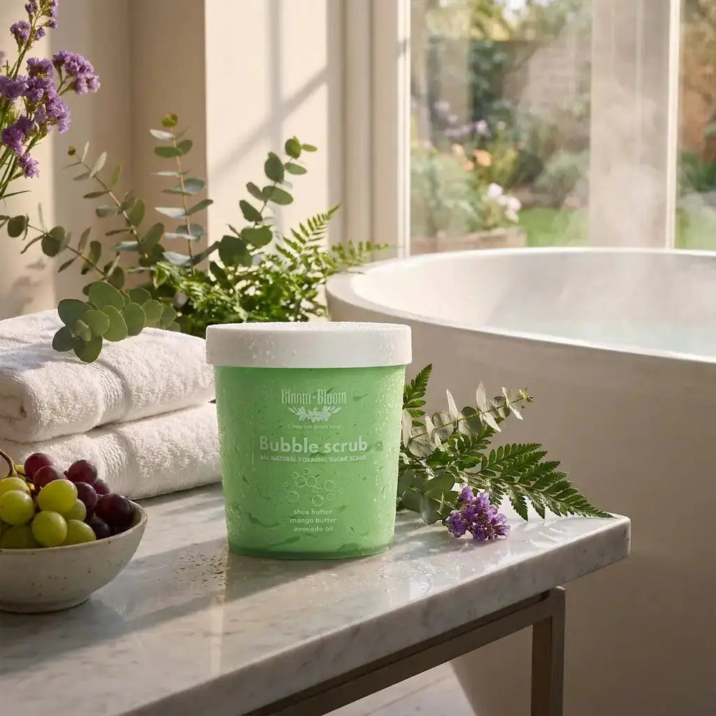 Bloom-Bloom Luxury Bath & Body treats green bubble scrub with grape scent, shea butter, mango butter, and avocado oil.