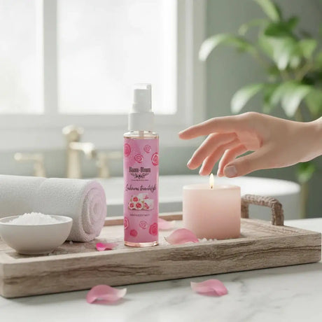 Bloom-Bloom Luxury Bath & Body treats Hair & Body Mist with rose and loukoumi scent, 100ml bottle on a tray with a candle and towel.