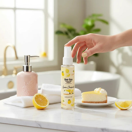 Bloom-Bloom Luxury Bath & Body treats Lemon Cheesecake Hair & Body Mist with panthenol and aloe vera, 100ml bottle.