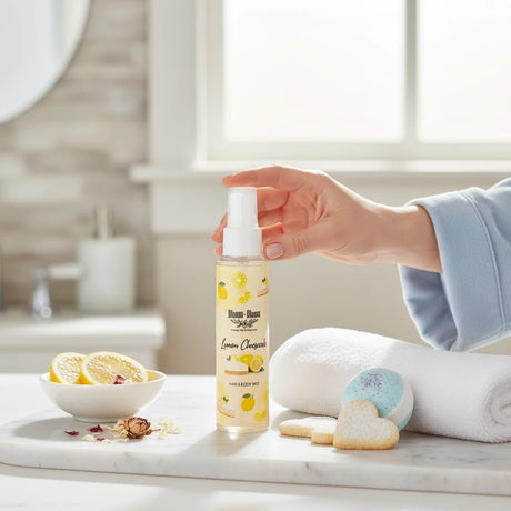 Bloom-Bloom Luxury Bath & Body treats Lemon Cheesecake Hair & Body Mist with panthenol and aloe vera, 100ml bottle.