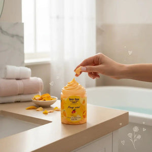 Bloom-Bloom Luxury Bath & Body treats Mango Sorbet creamy body wash with shea butter, orange-yellow color.