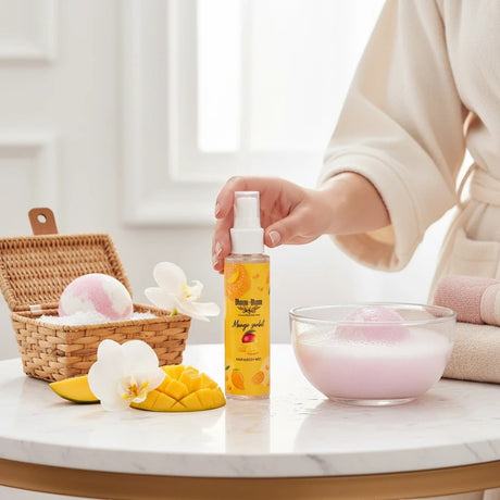 Bloom-Bloom Luxury Bath & Body treats Mango Sorbet hair and body mist with panthenol and aloe vera, 100ml bottle with mango slices.