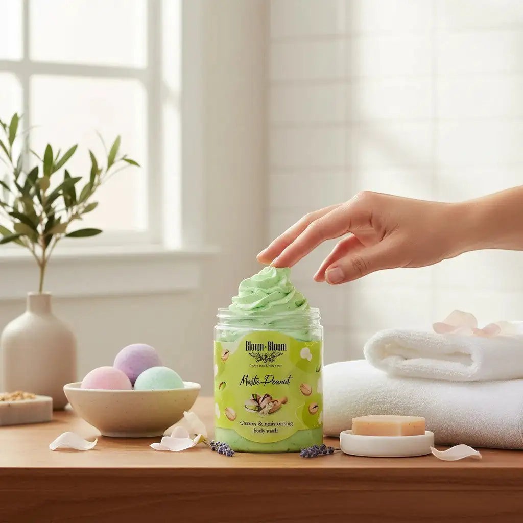Bloom-Bloom Luxury Bath & Body treats Mastic-Peanut creamy body wash with shea butter, light green color, in a clear jar with a hand scooping some out.
