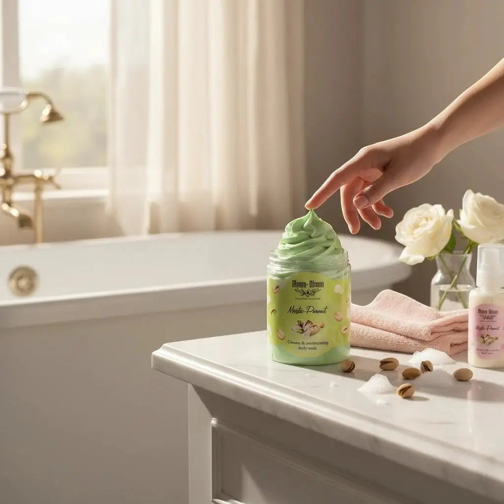 Bloom-Bloom Luxury Bath & Body treats Masticha-Peanut creamy body wash with shea butter, light green color.