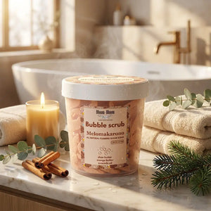Bloom-Bloom Luxury Bath & Body treats Melomakarono bubble scrub with mango butter, shea butter, and avocado oil. Foaming sugar scrub.