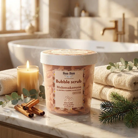 Bloom-Bloom Luxury Bath & Body treats Melomakarono bubble scrub with mango butter, shea butter, and avocado oil. Foaming sugar scrub.