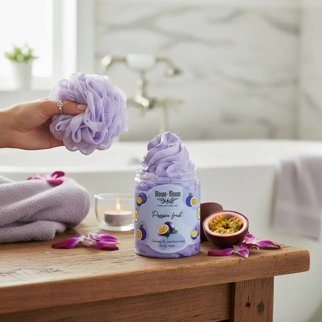 Bloom-Bloom Luxury Bath & Body treats Passion Fruit creamy & moisturising body wash in a jar with whipped texture.