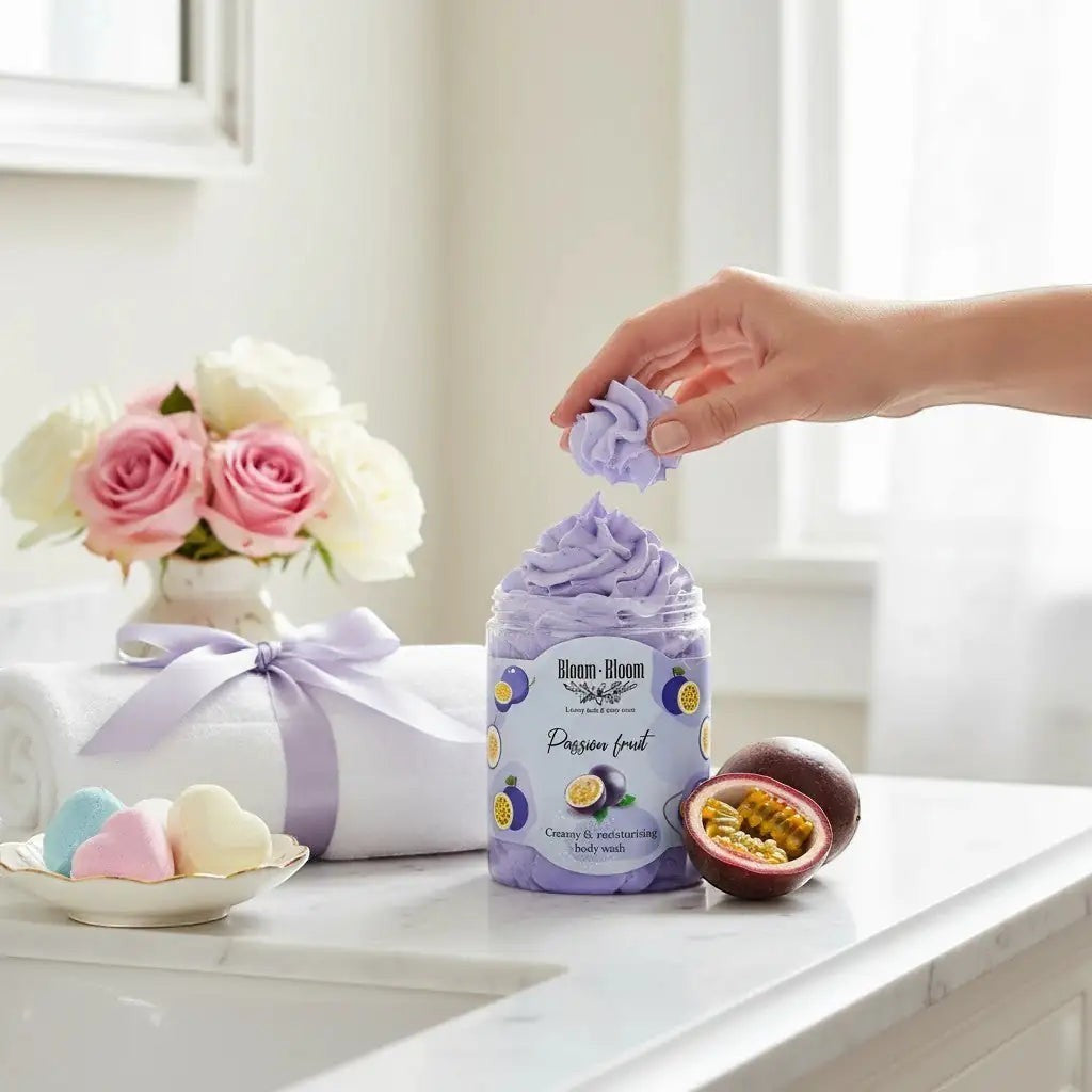 Bloom-Bloom Luxury Bath & Body treats Passion Fruit creamy body wash with shea butter, 250gr. A hand holds a dollop of purple whipped body wash.