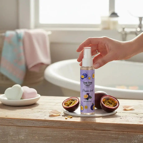 Bloom-Bloom Luxury Bath & Body treats Hair & Body Mist Passion Fruit with panthenol and aloe vera, 100ml bottle with passion fruit illustrations.