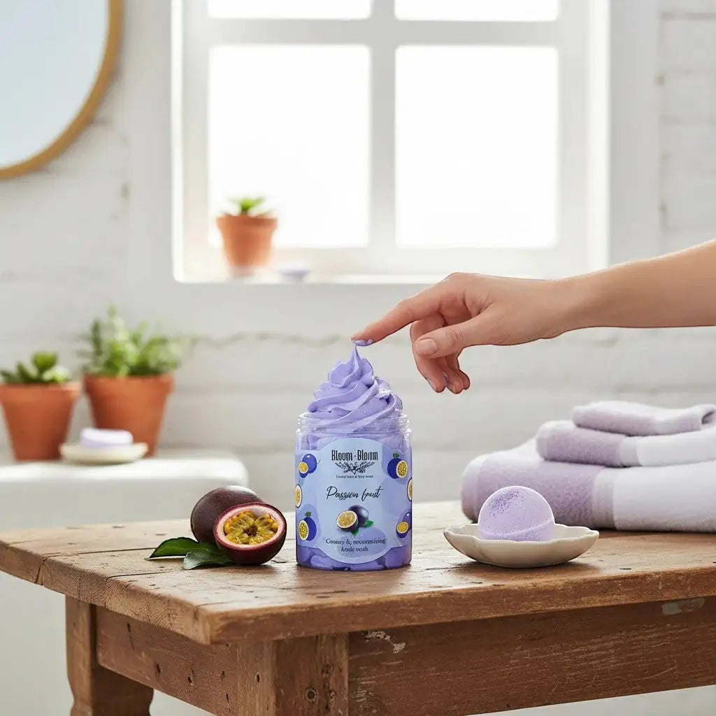Bloom-Bloom Luxury Bath & Body treats Passion Fruit creamy body wash with shea butter, purple whipped texture.