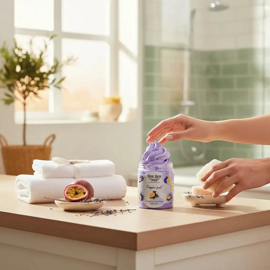 Bloom-Bloom Luxury Bath & Body treats Passion Fruit creamy body wash with shea butter, purple whipped texture.
