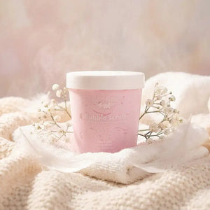 Bloom-Bloom Luxury Bath & Body treats pink bubble scrub with mango butter, shea butter, and avocado oil. Gentle foaming sugar scrub for soft skin.