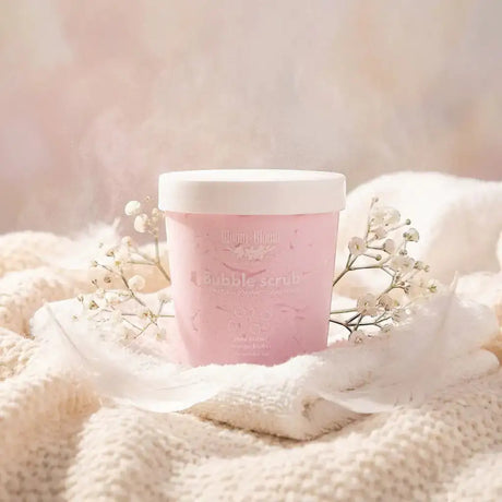Bloom-Bloom Luxury Bath & Body treats pink bubble scrub with mango butter, shea butter, and avocado oil. Gentle foaming sugar scrub for soft skin.