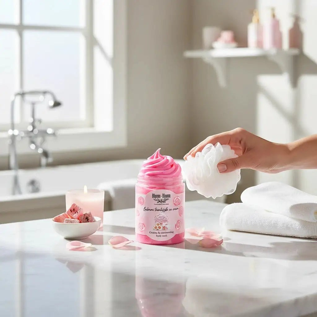 Bloom-Bloom Luxury Bath & Body treats pink creamy body wash with rose and loukoumi scent, shea butter, 250gr