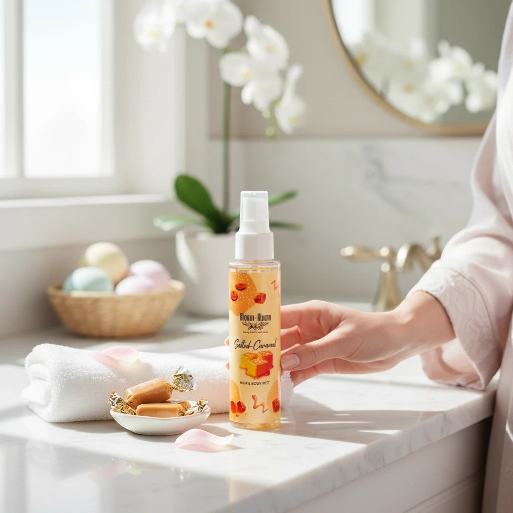 Bloom-Bloom Luxury Bath & Body treats Salted Caramel Hair & Body Mist with Panthenol & Aloe Vera, 100ml. Sweet caramel and sea salt scent.
