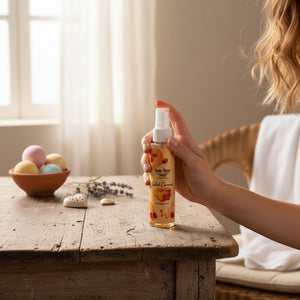 Bloom-Bloom Luxury Bath & Body treats Salted Caramel Hair & Body Mist with Panthenol & Aloe Vera, 100ml bottle held by a woman.