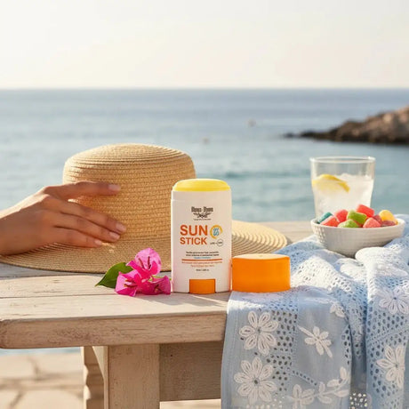 Bloom-Bloom Luxury Bath & Body treats Sun Stick SPF 50, a clear, waterproof sunscreen stick with Vitamin E and turmeric oil.