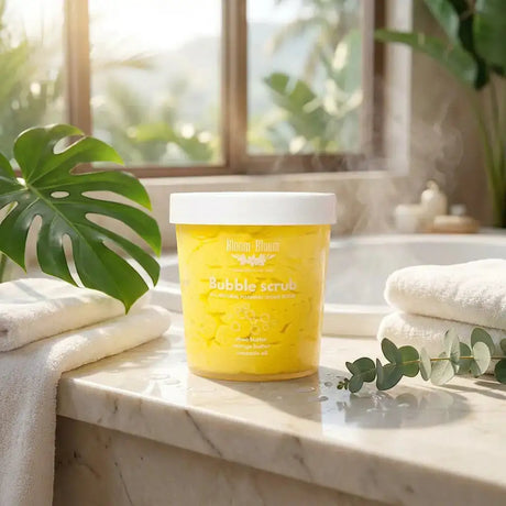 Bloom-Bloom Luxury Bath & Body treats yellow Tropicana bubble scrub with mango butter, shea butter, and avocado oil.