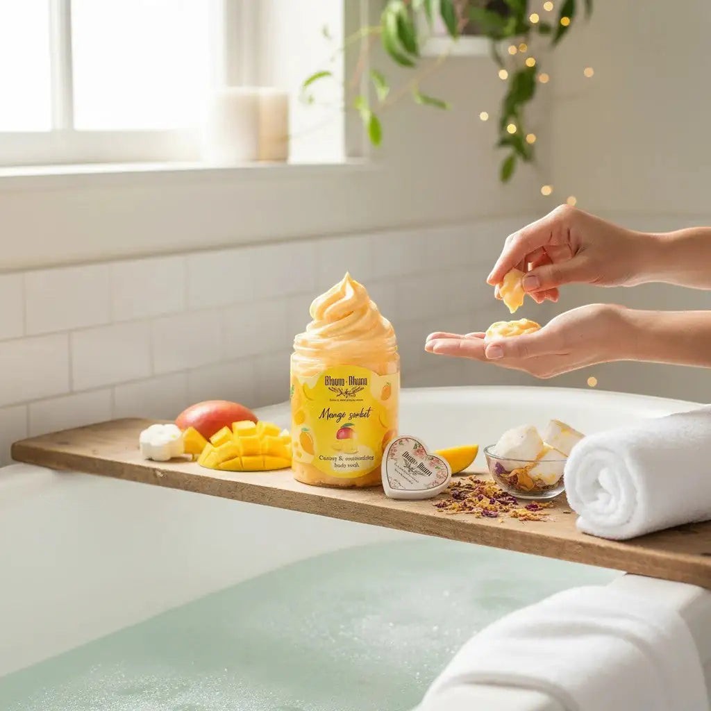 Bloom-Bloom Luxury Bath & Body treats Mango Sorbet creamy body wash with shea butter, 250gr. Tropical fruit scent.