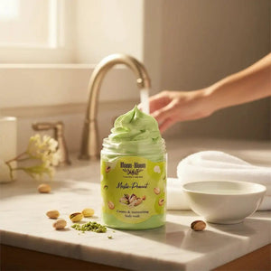 Bloom-Bloom Mastic-Peanut creamy & moisturizing body wash in a jar with a swirl top. Green body wash with pistachios.