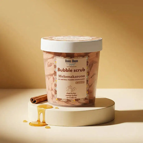 Bloom-Bloom Luxury Bath & Body treats Melomakarono bubble scrub with mango butter, shea butter, and avocado oil. Limited edition foaming sugar scrub.