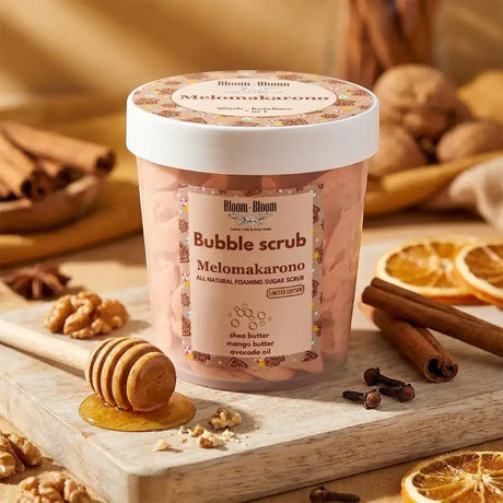 Bloom-Bloom Luxury Bath & Body treats Melomakarono bubble scrub with mango butter, shea butter, and avocado oil. Limited edition.