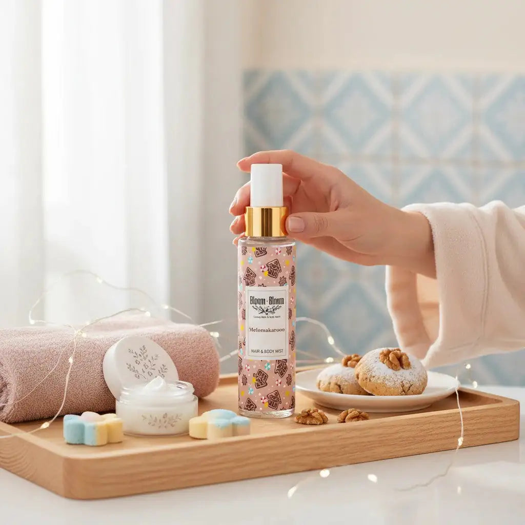 Bloom-Bloom Luxury Bath & Body treats Melomakarono Hair & Body Mist with panthenol and aloe vera, 100ml bottle with festive cookie design.