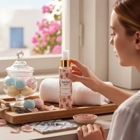 Bloom-Bloom Luxury Bath & Body treats Melomakarono Hair & Body Mist with Panthenol & Aloe Vera, 100ml bottle with festive cookie scent.