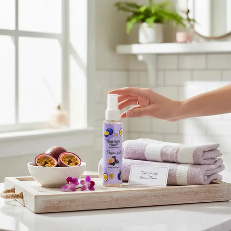 Bloom-Bloom Luxury Bath & Body treats Passion Fruit Hair & Body Mist with panthenol and aloe vera, 100ml bottle on a tray with passion fruits.