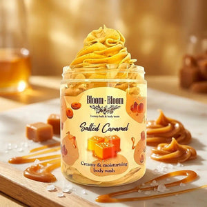 Bloom-Bloom Luxury Bath & Body treats Salted Caramel creamy & moisturizing body wash in a jar, with whipped texture on top.