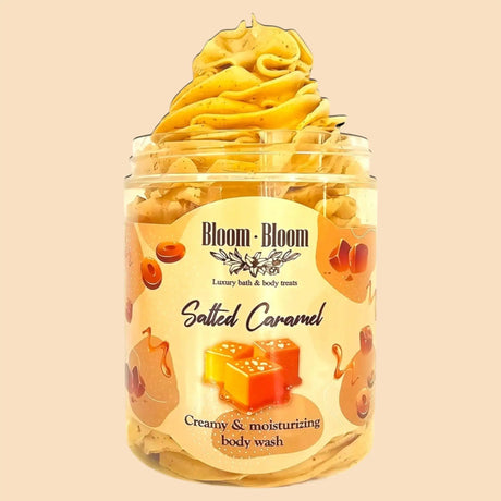 Bloom-Bloom Luxury Bath & Body treats Salted Caramel creamy & moisturizing body wash in a jar with whipped texture.