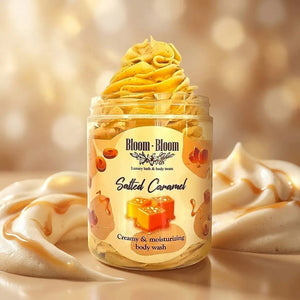 Bloom-Bloom Luxury Bath & Body Treats Salted Caramel creamy & moisturizing body wash in a jar with whipped topping.