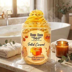 Bloom-Bloom Salted Caramel creamy & moisturizing body wash in a jar with whipped texture. Bathroom setting.