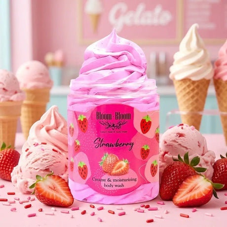 Bloom-Bloom Luxury Bath & Body treats Strawberry creamy & moisturizing body wash in a pink jar with strawberry designs.