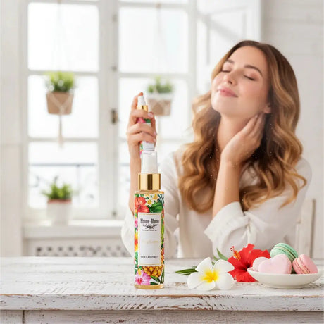 Bloom-Bloom Luxury Bath & Body treats Tropicana hair & body mist with panthenol & aloe vera, tropical fruit scent.