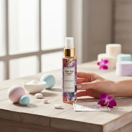 Bloom-Bloom Luxury Bath & Body treats Wild Orchid Hair & Body Mist with Panthenol & Aloe Vera, 100ml bottle with floral design.